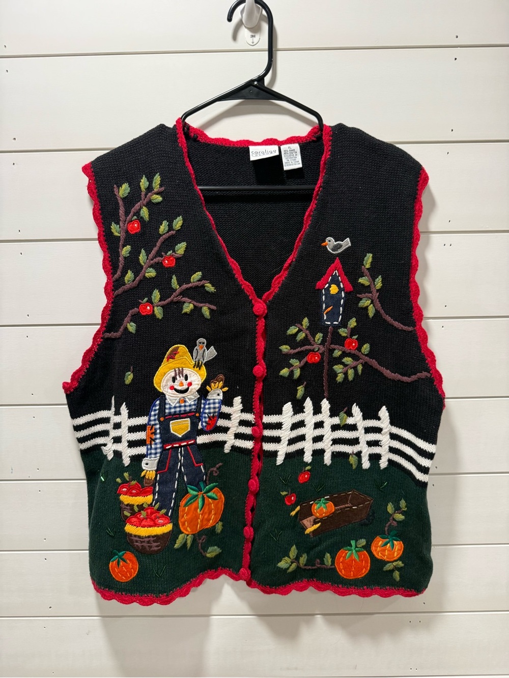 Vintage Fall Seasonal Scarecrow Apple Embroidered Knit Vest